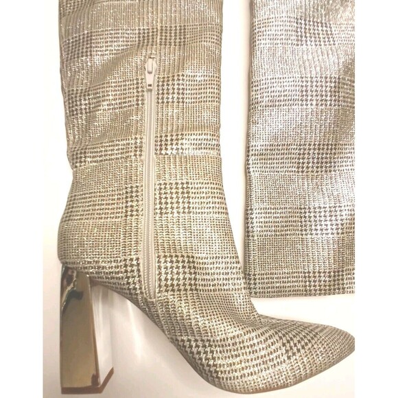 Gianni Bini Sz 6.5 Black White Metallic Houndstooth Tall Boots Mirror Heels EUC - Picture 4 of 16